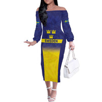 Sweden Rugby Custom Family Matching Off The Shoulder Long Sleeve Dress and Hawaiian Shirt Three Crowns of Sweden Blue Pattern - Wonder Print Shop