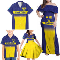 Sweden Rugby Custom Family Matching Off Shoulder Maxi Dress and Hawaiian Shirt Three Crowns of Sweden Blue Pattern LT9 - Wonder Print Shop