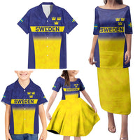Sweden Rugby Custom Family Matching Puletasi and Hawaiian Shirt Three Crowns of Sweden Blue Pattern - Wonder Print Shop