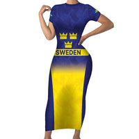 Sweden Rugby Custom Short Sleeve Bodycon Dress Three Crowns of Sweden Blue Pattern - Wonder Print Shop