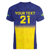 Sweden Rugby Custom Women V-Neck T-Shirt Three Crowns of Sweden Blue Pattern - Wonder Print Shop