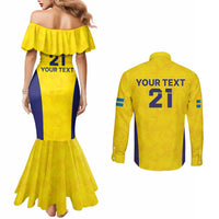 Sweden Rugby Custom Couples Matching Mermaid Dress and Long Sleeve Button Shirt Three Crowns of Sweden Gold Pattern