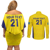 Sweden Rugby Custom Couples Matching Off Shoulder Short Dress and Long Sleeve Button Shirt Three Crowns of Sweden Gold Pattern LT9 - Wonder Print Shop