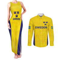 Sweden Rugby Custom Couples Matching Tank Maxi Dress and Long Sleeve Button Shirt Three Crowns of Sweden Gold Pattern LT9 - Wonder Print Shop