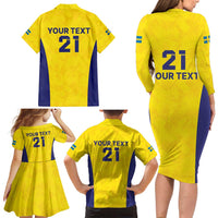 Sweden Rugby Custom Family Matching Long Sleeve Bodycon Dress and Hawaiian Shirt Three Crowns of Sweden Gold Pattern LT9 - Wonder Print Shop