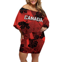 Off-shoulder short dress with Canada graphic, red geometric pattern, 3/4 sleeves