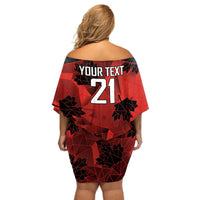 Off-shoulder short dress back with “YOUR TEXT” and 21 number, red geometric pattern