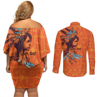 Awareness for Indigenous Orange Day Couples Matching Off Shoulder Short Dress and Long Sleeve Button Shirt Canadian Indigenous Art - Wonder Print Shop