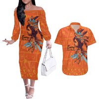 Awareness for Indigenous Orange Day Couples Matching Off The Shoulder Long Sleeve Dress and Hawaiian Shirt Canadian Indigenous Art - Wonder Print Shop