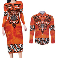 Awareness for Indigenous Orange Day Couples Matching Long Sleeve Bodycon Dress and Long Sleeve Button Shirt Haida Spirit Animals - Wonder Print Shop