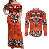Awareness for Indigenous Orange Day Couples Matching Off Shoulder Maxi Dress and Long Sleeve Button Shirt Haida Spirit Animals - Wonder Print Shop
