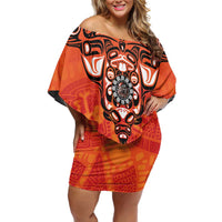 Awareness for Indigenous Orange Day Family Matching Off Shoulder Short Dress and Hawaiian Shirt Haida Spirit Animals - Wonder Print Shop