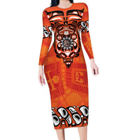 Awareness for Indigenous Orange Day Long Sleeve Bodycon Dress Haida Spirit Animals - Wonder Print Shop