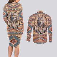 Indigenous Peoples Day Couples Matching Long Sleeve Bodycon Dress and Long Sleeve Button Shirt Native American Dream Catcher Wolf Tribal-inspired - Wonder Print Shop