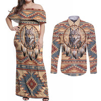 Indigenous Peoples Day Couples Matching Off Shoulder Maxi Dress and Long Sleeve Button Shirt Native American Dream Catcher Wolf Tribal-inspired - Wonder Print Shop