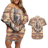 Indigenous Peoples Day Couples Matching Off Shoulder Short Dress and Hawaiian Shirt Native American Dream Catcher Wolf Tribal-inspired - Wonder Print Shop