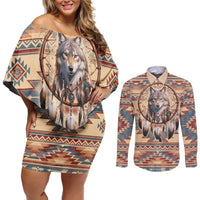 Indigenous Peoples Day Couples Matching Off Shoulder Short Dress and Long Sleeve Button Shirt Native American Dream Catcher Wolf Tribal-inspired - Wonder Print Shop
