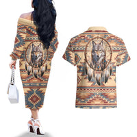 Indigenous Peoples Day Couples Matching Off The Shoulder Long Sleeve Dress and Hawaiian Shirt Native American Dream Catcher Wolf Tribal-inspired - Wonder Print Shop