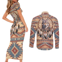 Indigenous Peoples Day Couples Matching Short Sleeve Bodycon Dress and Long Sleeve Button Shirt Native American Dream Catcher Wolf Tribal-inspired - Wonder Print Shop