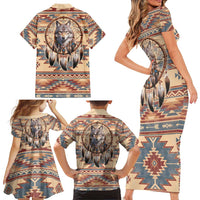 Indigenous Peoples Day Family Matching Short Sleeve Bodycon Dress and Hawaiian Shirt Native American Dream Catcher Wolf Tribal-inspired - Wonder Print Shop