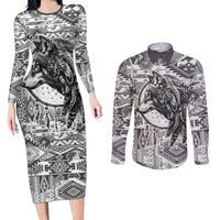 Indigenous Peoples Day Couples Matching Long Sleeve Bodycon Dress and Long Sleeve Button Shirt Native American Wolf with Dreamcatcher - Wonder Print Shop