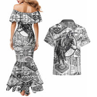Indigenous Peoples Day Couples Matching Mermaid Dress and Hawaiian Shirt Native American Wolf with Dreamcatcher - Wonder Print Shop