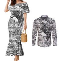 Indigenous Peoples Day Couples Matching Mermaid Dress and Long Sleeve Button Shirt Native American Wolf with Dreamcatcher - Wonder Print Shop