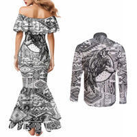 Indigenous Peoples Day Couples Matching Mermaid Dress and Long Sleeve Button Shirt Native American Wolf with Dreamcatcher - Wonder Print Shop