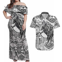 Indigenous Peoples Day Couples Matching Off Shoulder Maxi Dress and Hawaiian Shirt Native American Wolf with Dreamcatcher - Wonder Print Shop