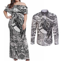 Indigenous Peoples Day Couples Matching Off Shoulder Maxi Dress and Long Sleeve Button Shirt Native American Wolf with Dreamcatcher - Wonder Print Shop
