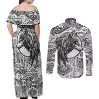 Indigenous Peoples Day Couples Matching Off Shoulder Maxi Dress and Long Sleeve Button Shirt Native American Wolf with Dreamcatcher - Wonder Print Shop