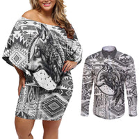 Indigenous Peoples Day Couples Matching Off Shoulder Short Dress and Long Sleeve Button Shirt Native American Wolf with Dreamcatcher - Wonder Print Shop