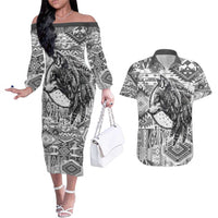 Indigenous Peoples Day Couples Matching Off The Shoulder Long Sleeve Dress and Hawaiian Shirt Native American Wolf with Dreamcatcher - Wonder Print Shop