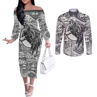 Indigenous Peoples Day Couples Matching Off The Shoulder Long Sleeve Dress and Long Sleeve Button Shirt Native American Wolf with Dreamcatcher - Wonder Print Shop
