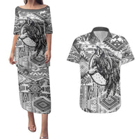 Indigenous Peoples Day Couples Matching Puletasi and Hawaiian Shirt Native American Wolf with Dreamcatcher - Wonder Print Shop