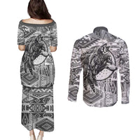 Indigenous Peoples Day Couples Matching Puletasi and Long Sleeve Button Shirt Native American Wolf with Dreamcatcher - Wonder Print Shop
