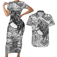 Indigenous Peoples Day Couples Matching Short Sleeve Bodycon Dress and Hawaiian Shirt Native American Wolf with Dreamcatcher - Wonder Print Shop