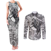 Indigenous Peoples Day Couples Matching Tank Maxi Dress and Long Sleeve Button Shirt Native American Wolf with Dreamcatcher - Wonder Print Shop
