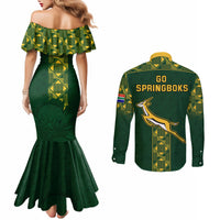 Green off-shoulder mermaid dress and matching long-sleeve button shirt, graphic back
