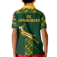 Kids green rugby polo shirt with yellow collar, GO SPRINGBOKS back print