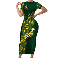 Green short-sleeve bodycon rugby dress with yellow-green geometric and springbok graphic