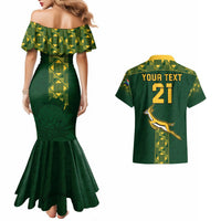 Green mermaid dress with Hawaiian shirt; shirt shows 'YOUR TEXT' and 21