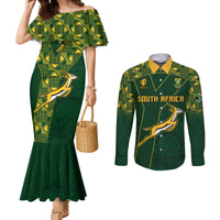 Green patterned mermaid dress with ruffled hem and matching long-sleeve button shirt