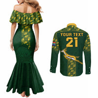 Green off-shoulder mermaid dress with matching shirt showing 'YOUR TEXT' 21