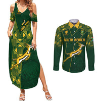Green rugby-style maxi dress with cold-shoulder sleeves and front slit; matching long-sleeve shirt