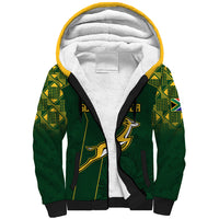Green sherpa-lined rugby hoodie with yellow-trim hood and graphic front