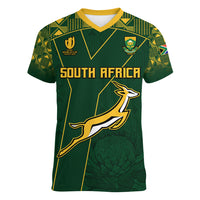 Women's green V-neck rugby T-shirt with South Africa graphic and gold accents