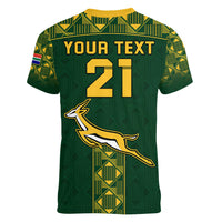 Women's green V-neck rugby T-shirt with YOUR TEXT 21 and springbok logo
