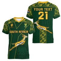 Women's green V-neck rugby T-shirt set: front and back with South Africa and 21