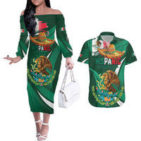 Mexico Hispanic Heritage Personalized Couples Matching Off The Shoulder Long Sleeve Dress and Hawaiian Shirt With Aguila Mexicana LT9 - Wonder Print Shop
